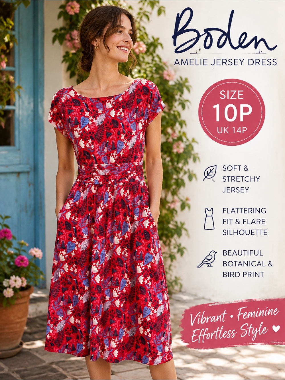 Boden Amelie Jersey Dress 10P Red Floral Bird Print Fit Flare Midi